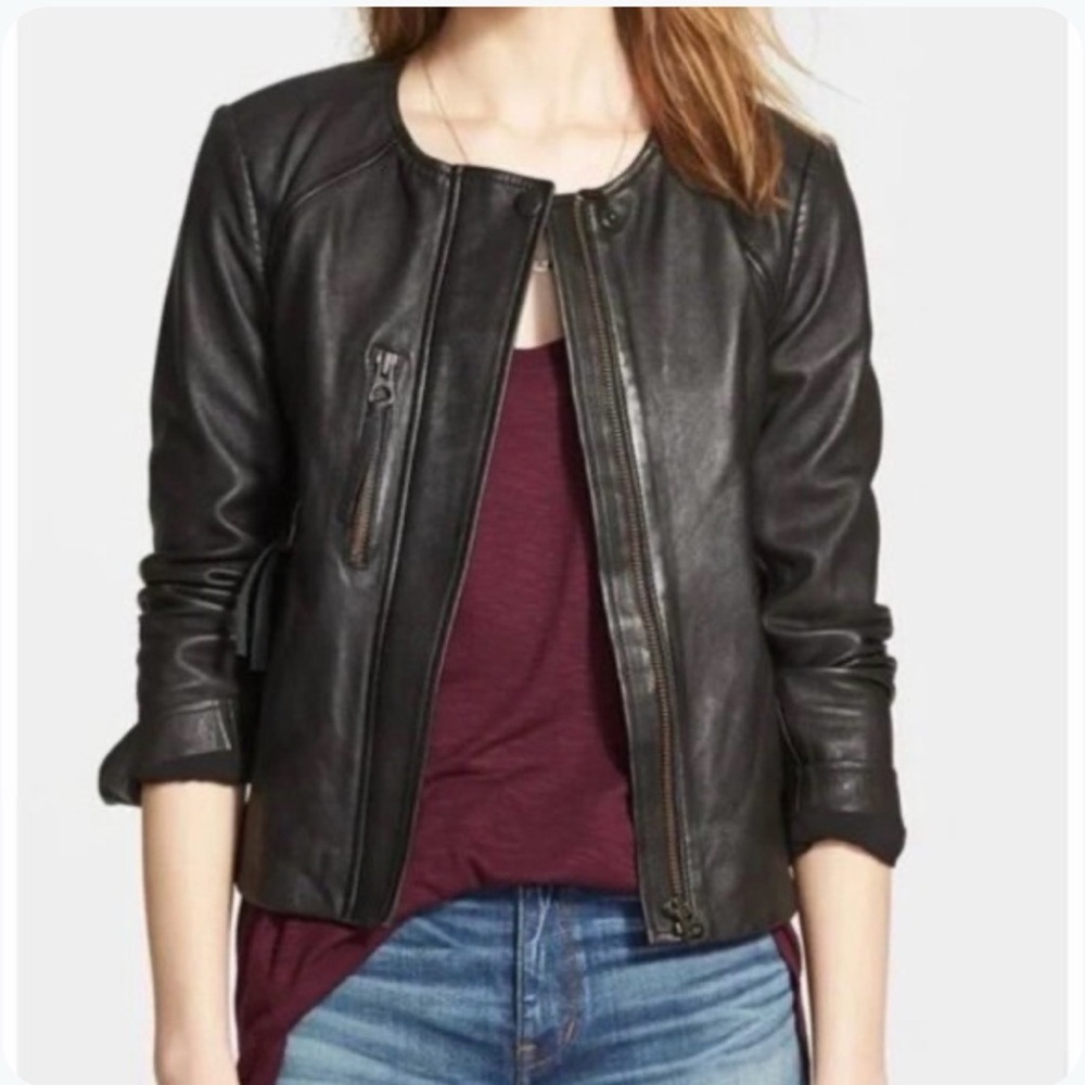Madewell Metropolis Moto Collarless Black Leather Jacket Size XS